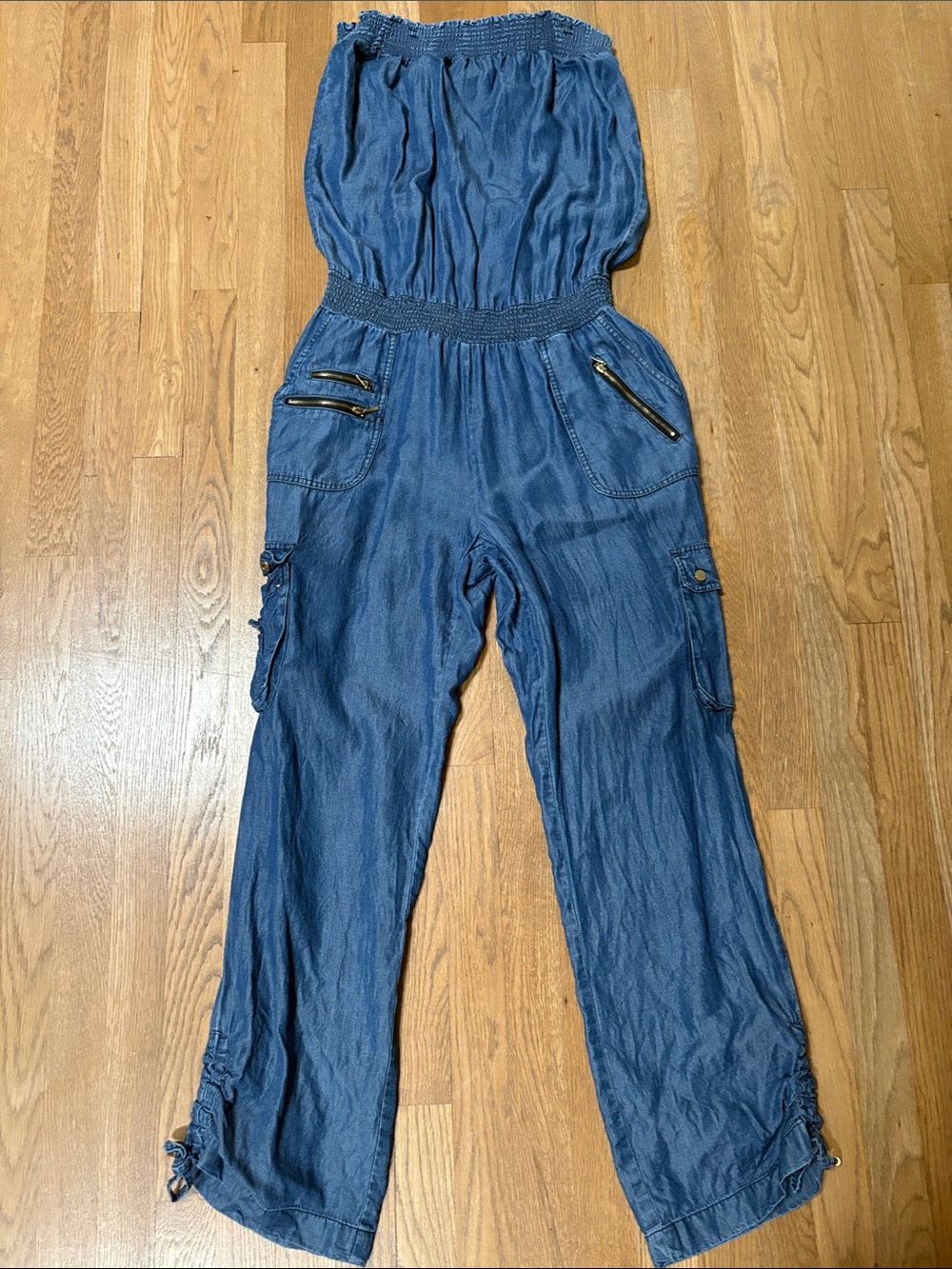 Women’s Blue Strapless Denim Overalls with Cargo Pockets from Cache